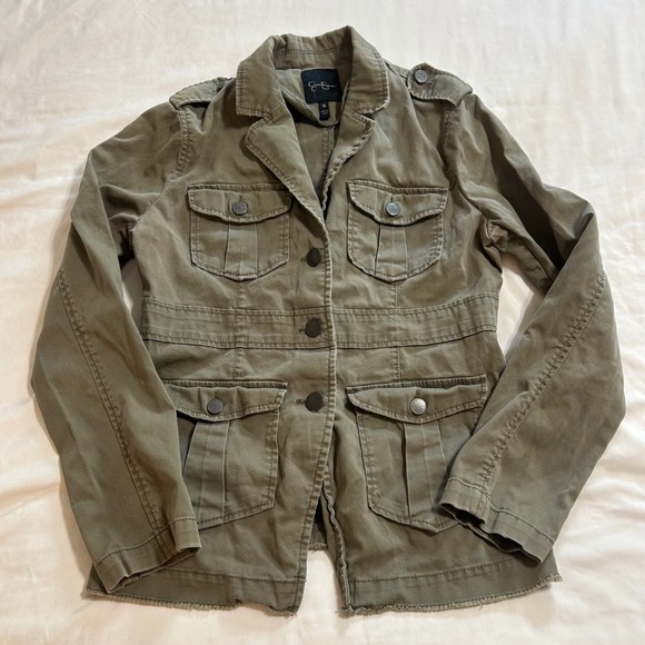 Jessica Simpson Jackets & Blazers - Jessica Simpson Sahara Olive Green Military Utility Jacket Cargo Frayed Hem M